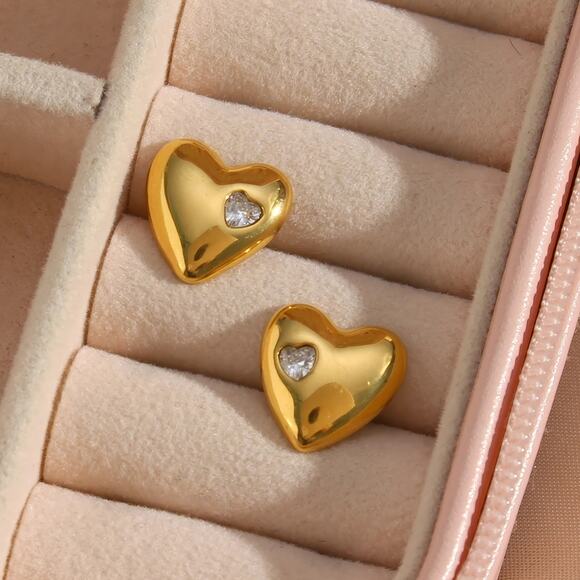 Heart Stud Earrings with Embedded Zircon 18K Gold Plated Stainless Steel - Picture 3 of 9